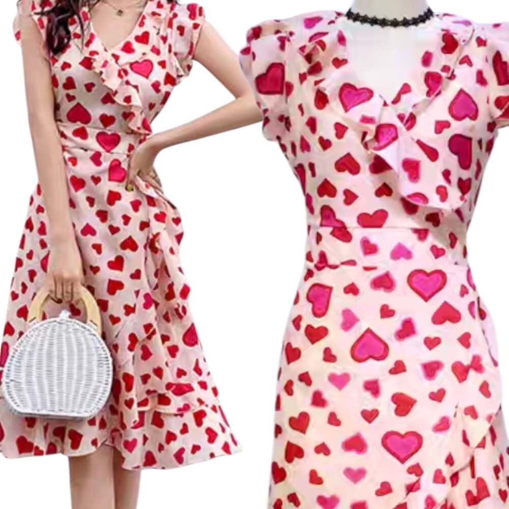 Romantic Red Heart Print Ruffle Wrap Dress - Flowy Summer Midi sz 8